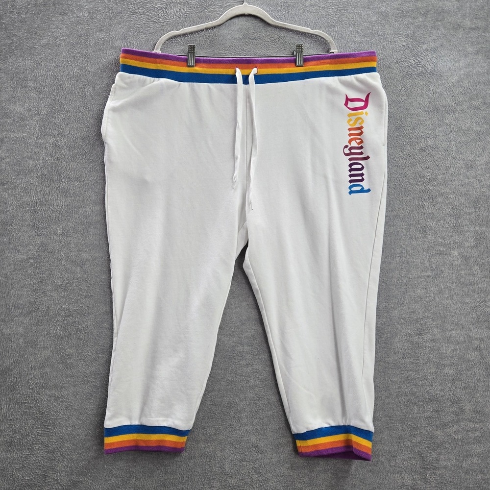 Disney Women Activwear Pants 2X White Striped Cropped Jogger Rainbow Logo Fleece
